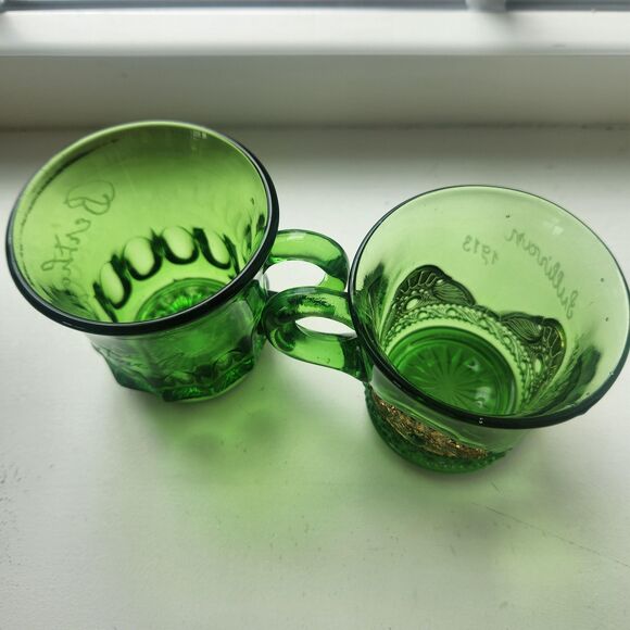 EAPG Antique Green Glass Mini Mugs Colorado Lacy Medallion Set 2 Ohio 1913 VTG - Picture 3 of 7